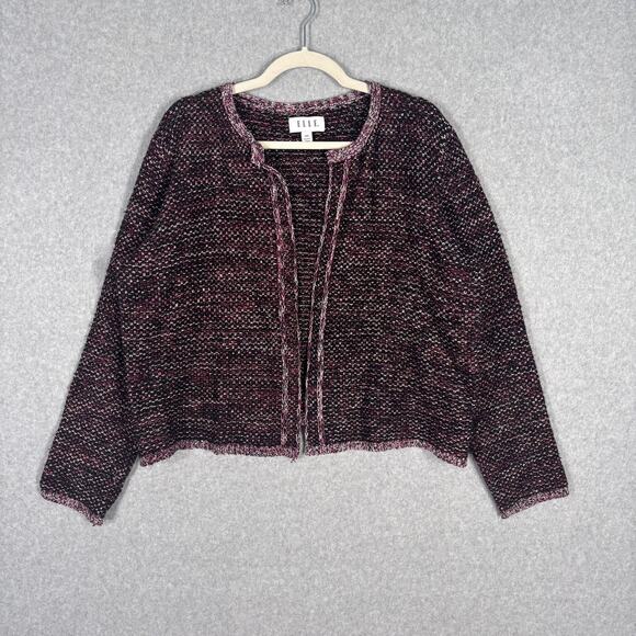ELLE Cardigan Sweater XXL Black Pink Tweed Knit Retro Glam Old Money Preppy Twee - Picture 1 of 12